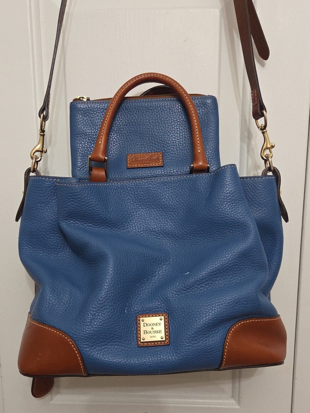 Dooney & Bourke Pebble Brenna Blue/Brown Leather Satchel w/ Wallet & Fob